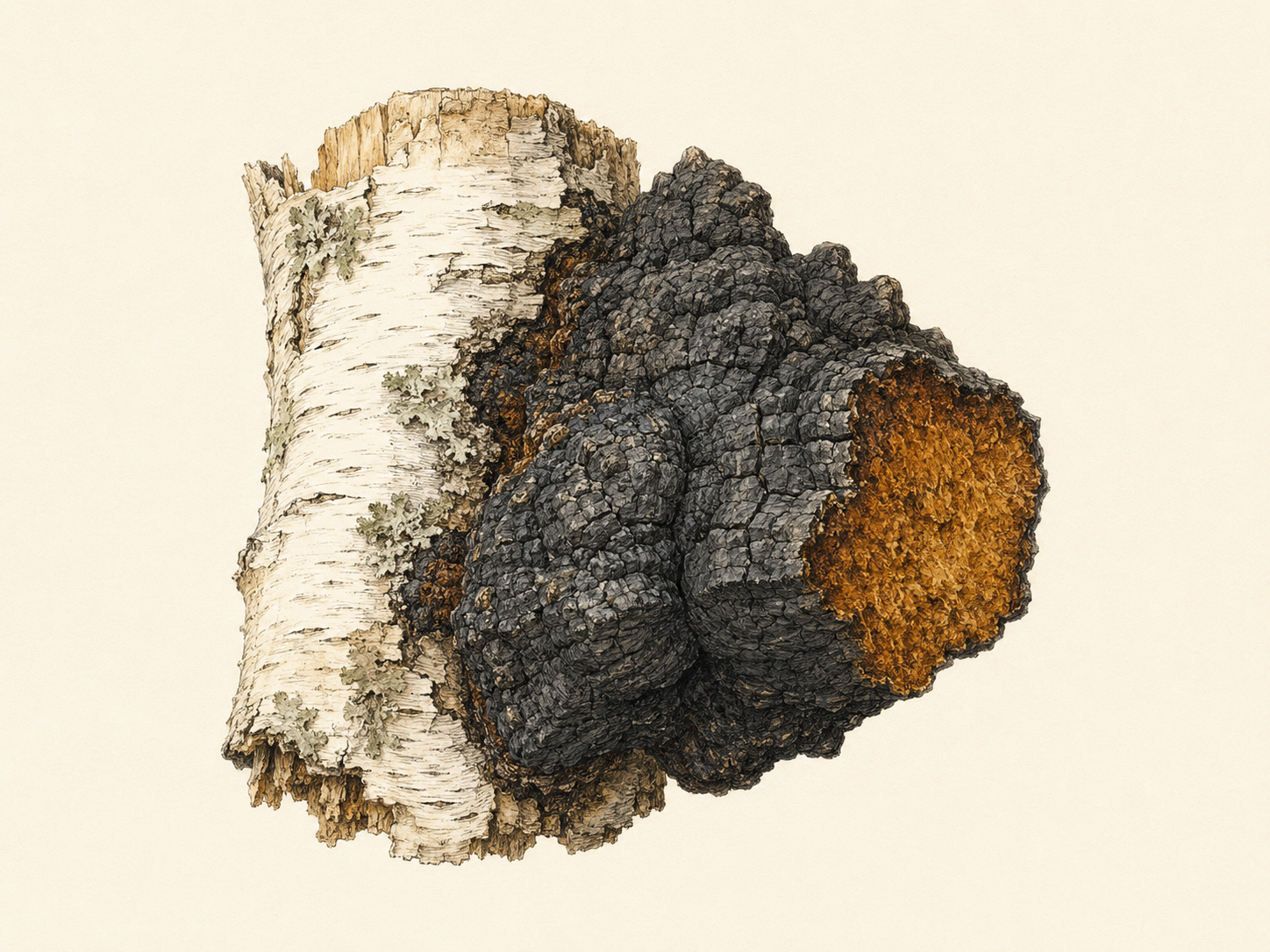 Botanical illustration of Chaga mushroom