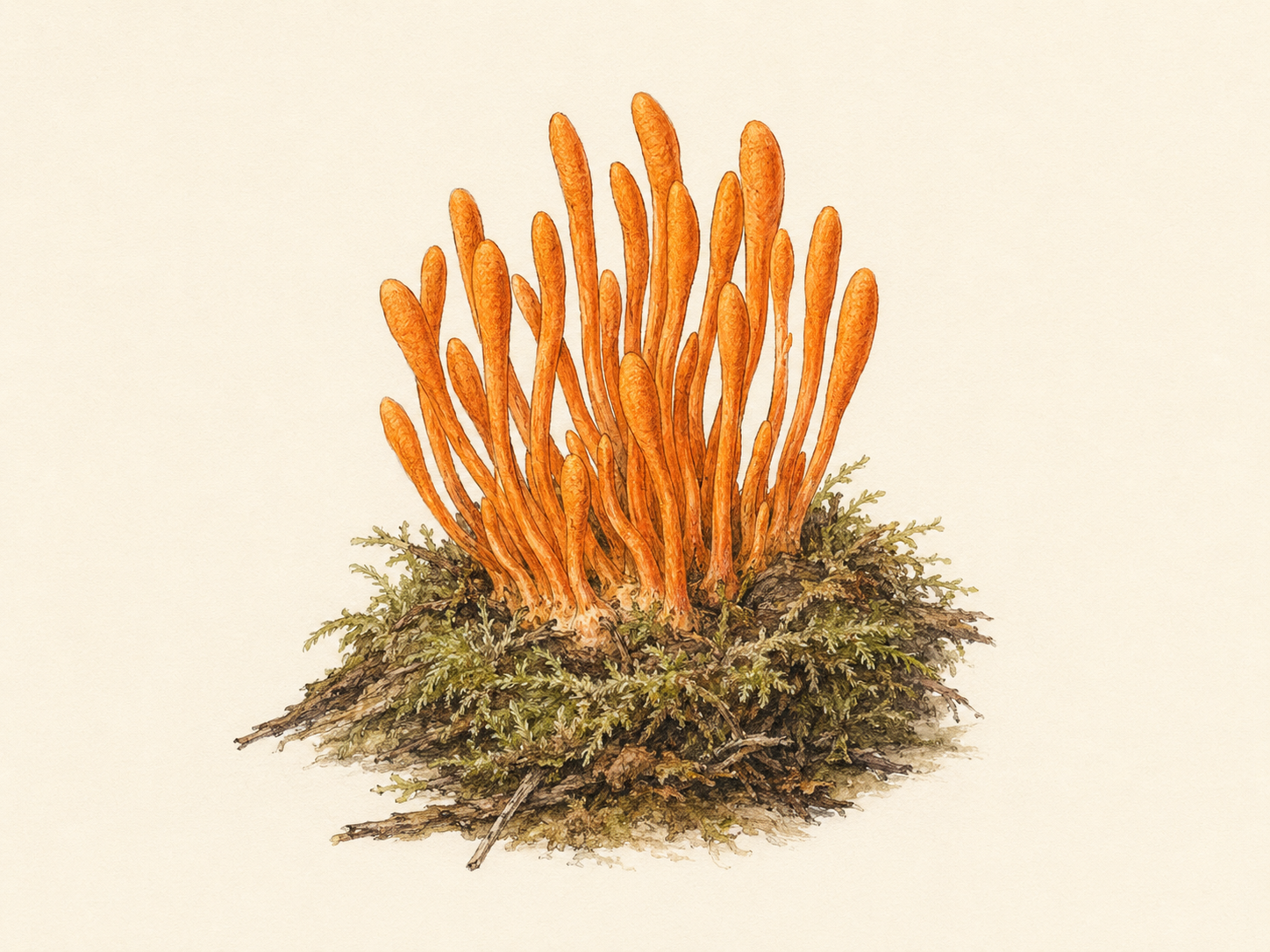 Botanical illustration of Cordyceps mushroom
