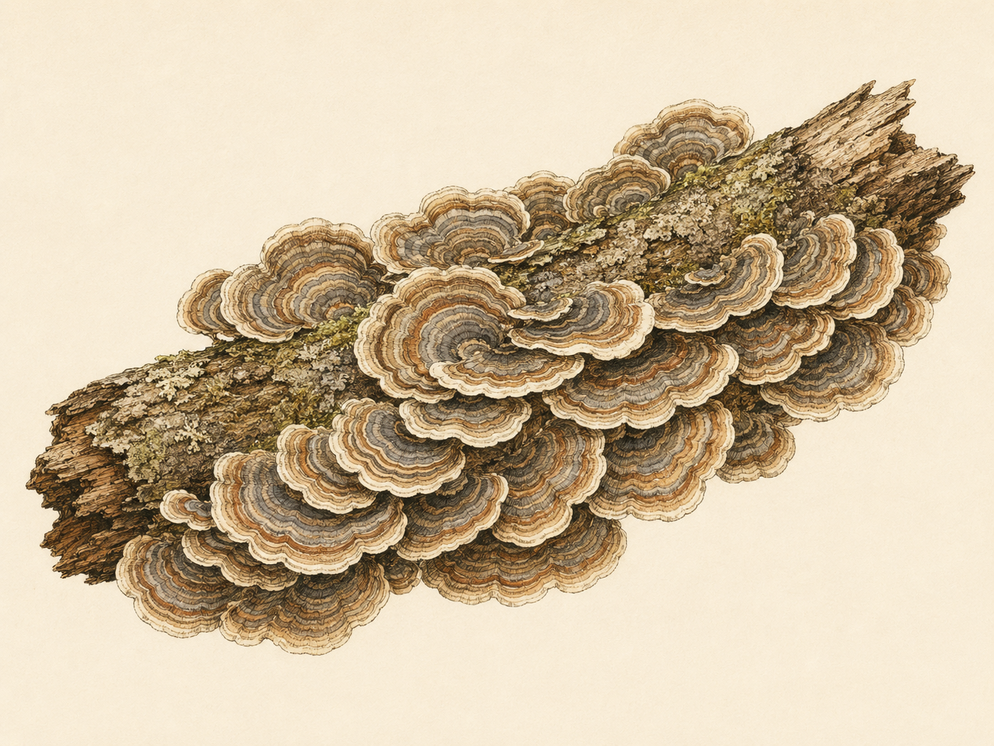 Botanical illustration of Turkey tail mushroom
